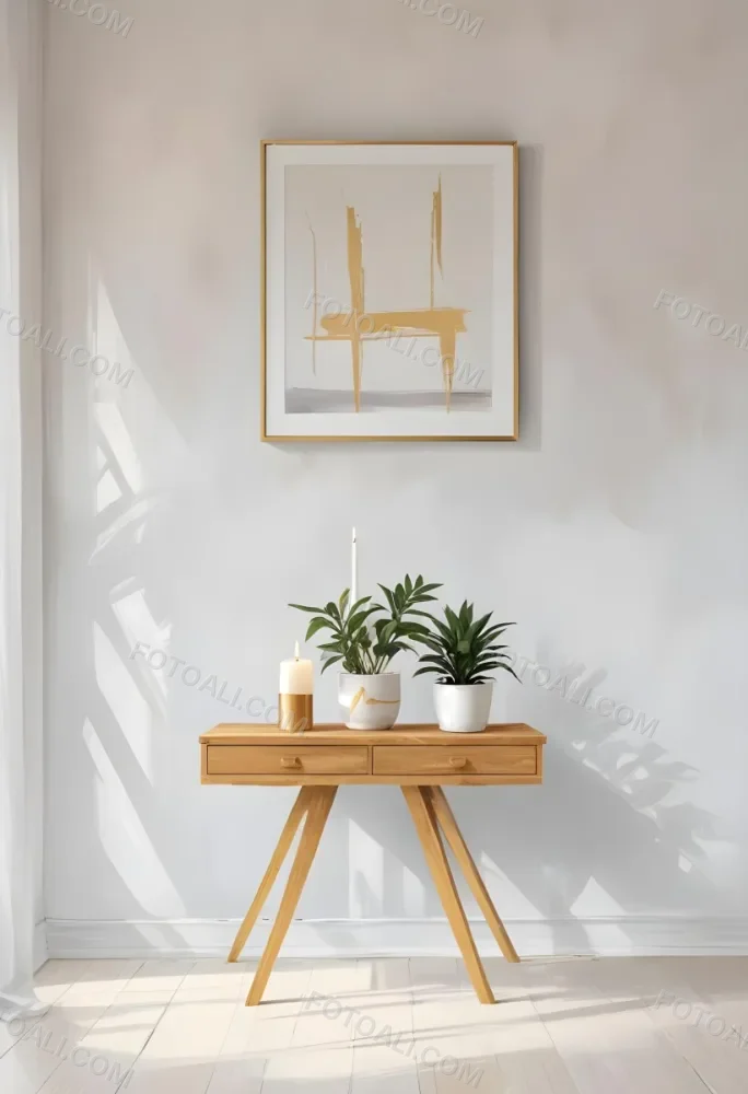 A Wooden Console Table With Two Drawers A White Candle And A Plant In A Golden Pot Against A White Wall 25 77ca