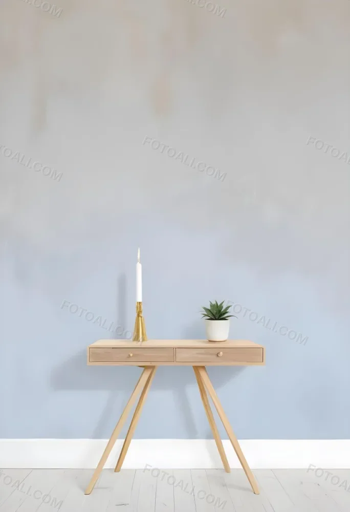 A Wooden Console Table With Two Drawers A White Candle And A Plant In A Golden Pot Against A White Wall 5 A0d3