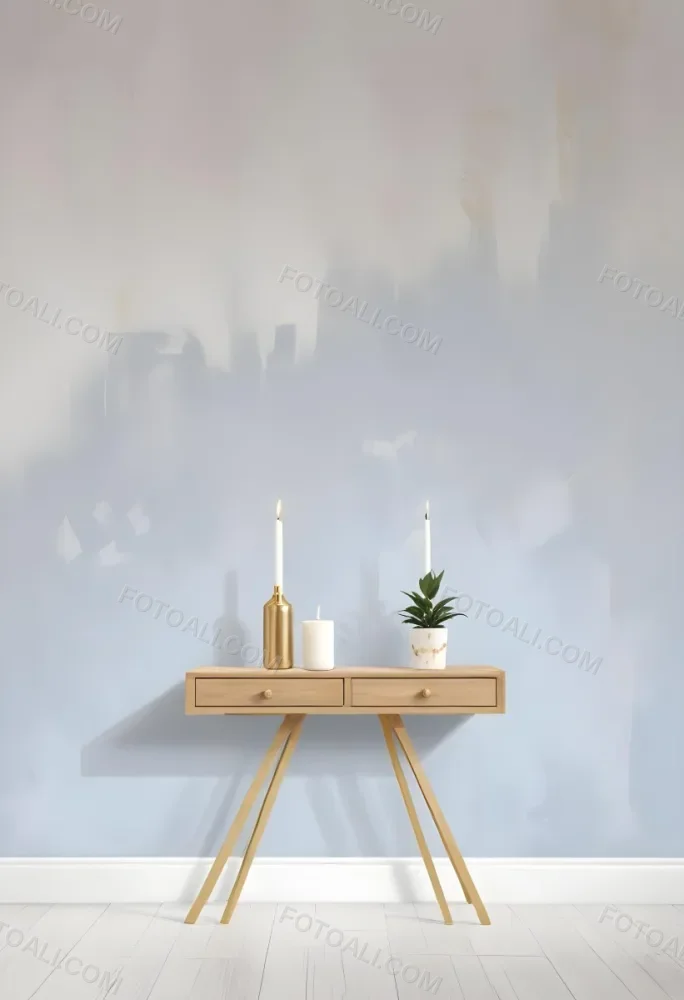 A Wooden Console Table With Two Drawers A White Candle And A Plant In A Golden Pot Against A White Wall 6 A05d