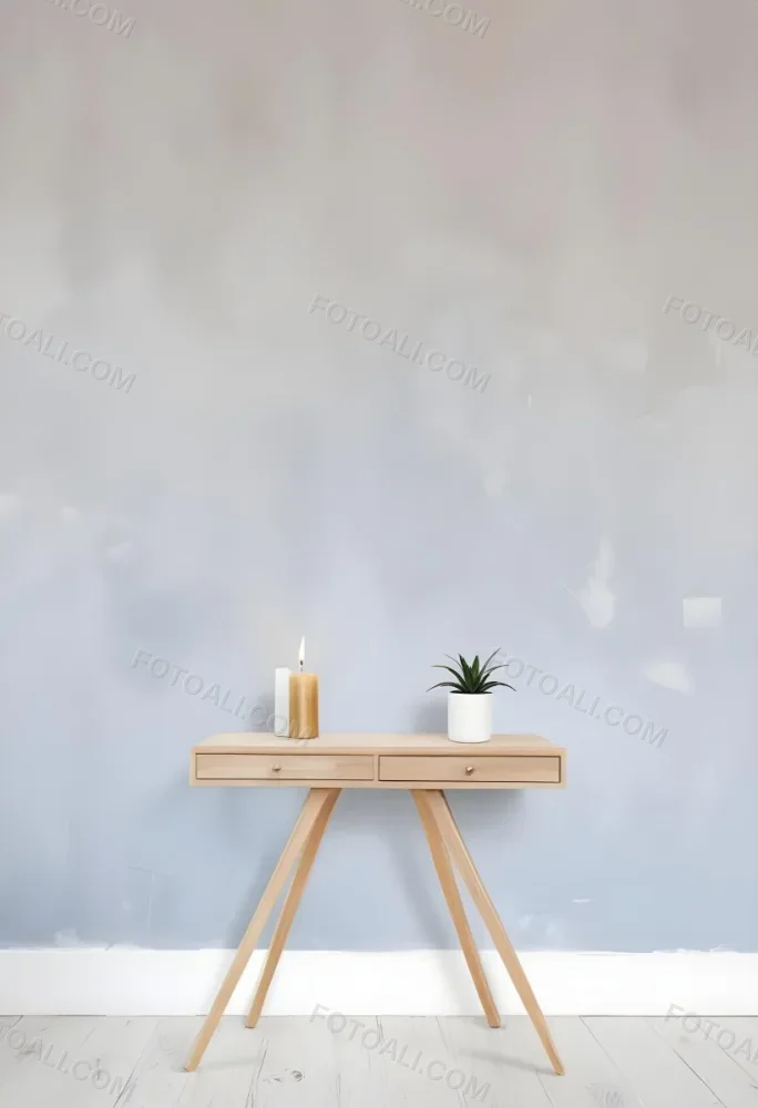 A Wooden Console Table With Two Drawers A White Candle And A Plant In A Golden Pot Against A White Wall 8 4b8f