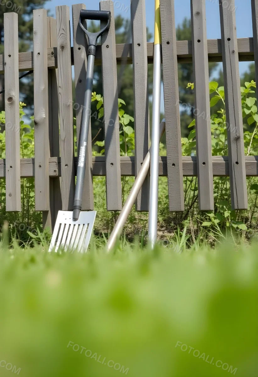 A Wooden Fence With Garden Tools In The Foreground Surrounded By Lush Green Grass 2 A792