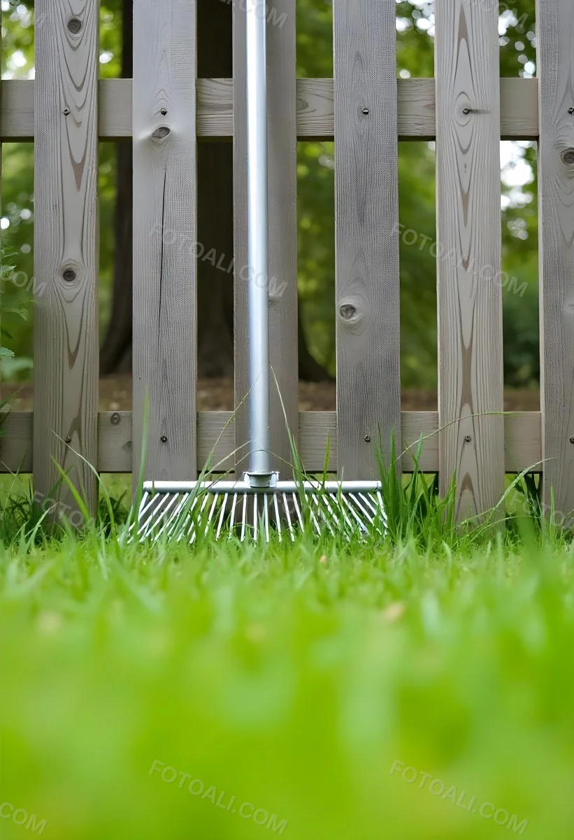 A Wooden Fence With Garden Tools In The Foreground Surrounded By Lush Green Grass 5 1449
