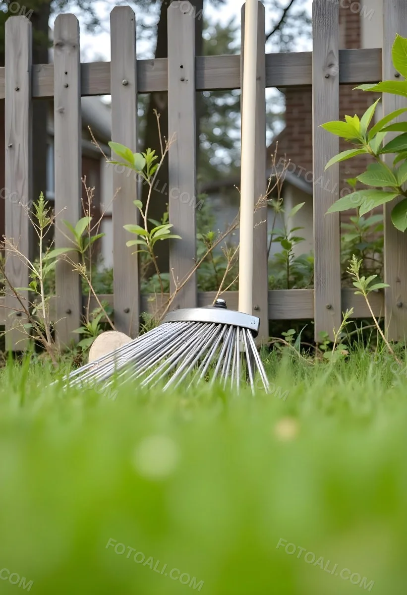 A Wooden Fence With Garden Tools In The Foreground Surrounded By Lush Green Grass 7 Fe45