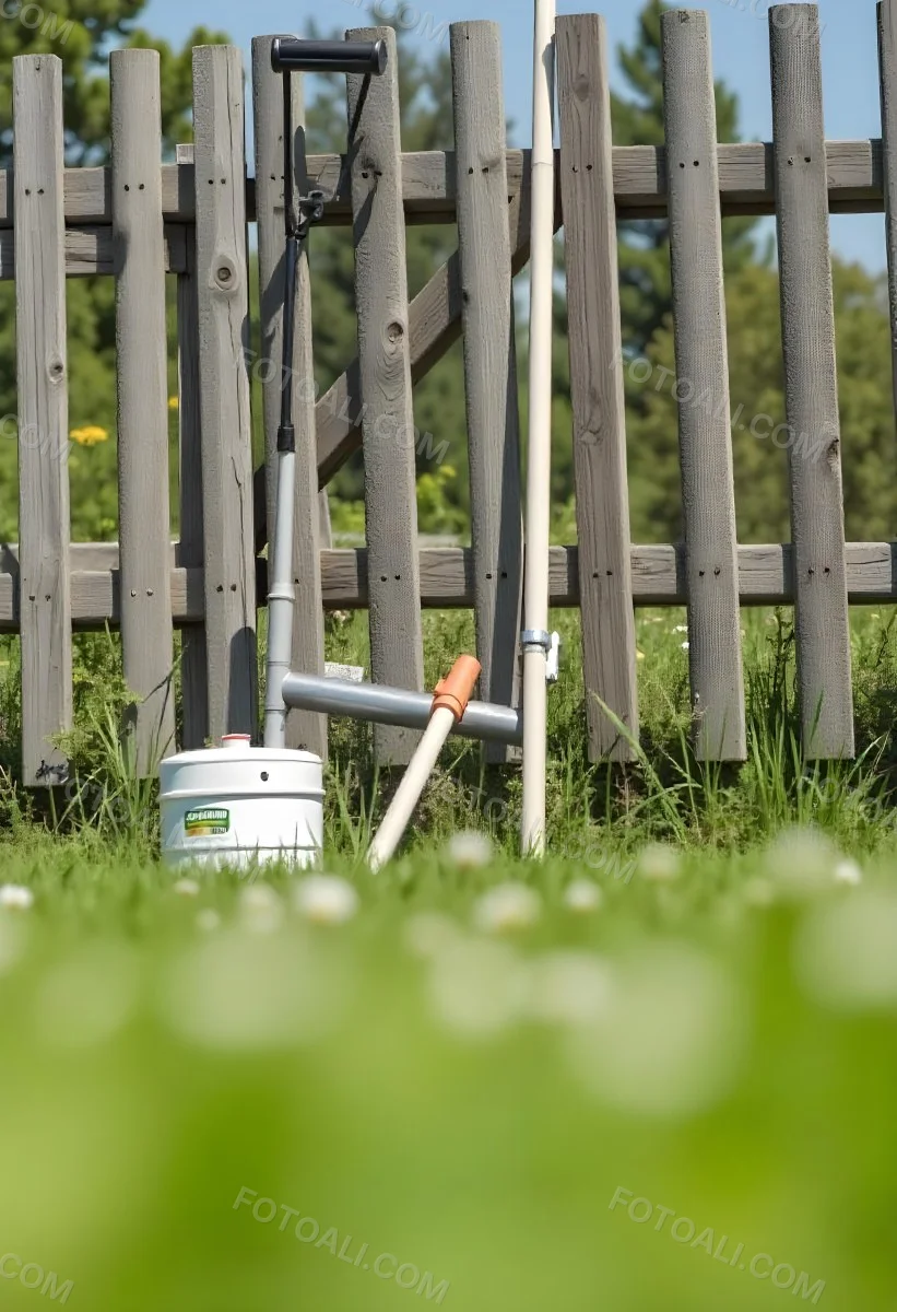 A Wooden Fence With Garden Tools In The Foreground Surrounded By Lush Green Grass 8 83b7