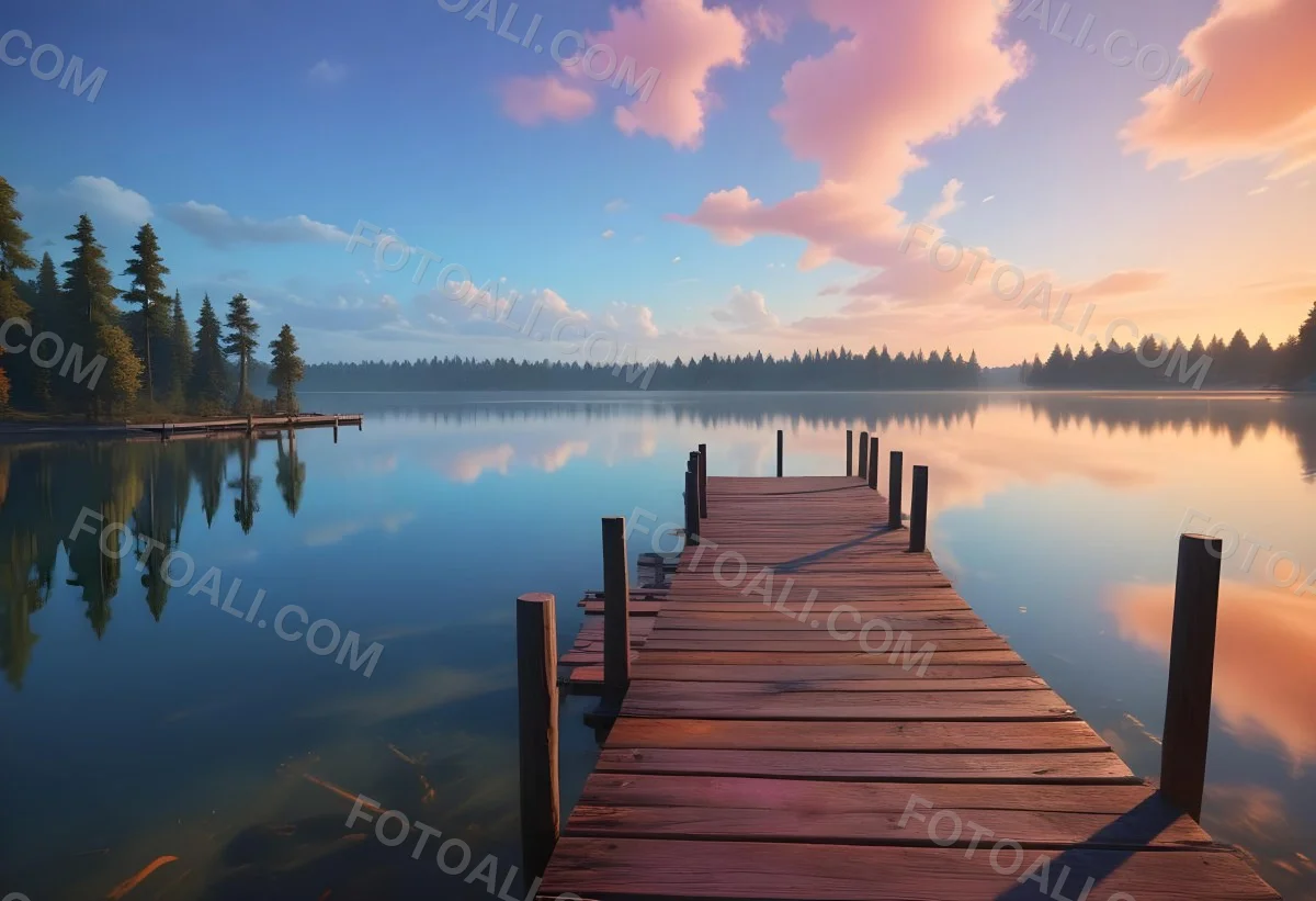 A Wooden Pier Stretches Out Into A Calm Lake The Sky Is A Mix Of Blue Orange And Pink Reflecting On The Water Trees Line The Shore In The Background 1 5c8a