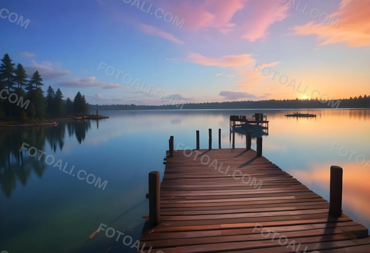 A Wooden Pier Stretches Out Into A Calm Lake The Sky Is A Mix Of Blue Orange And Pink Reflecting On The Water Trees Line The Shore In The Background 11 89d3