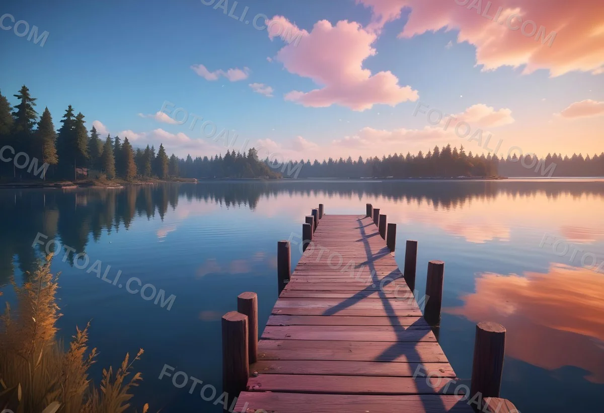 A Wooden Pier Stretches Out Into A Calm Lake The Sky Is A Mix Of Blue Orange And Pink Reflecting On The Water Trees Line The Shore In The Background 18 69e4