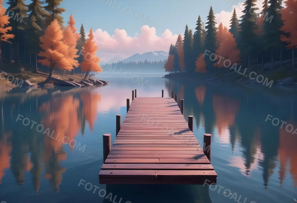 A Wooden Pier Stretches Out Into A Calm Lake The Sky Is A Mix Of Blue Orange And Pink Reflecting On The Water Trees Line The Shore In The Background 19 3e10