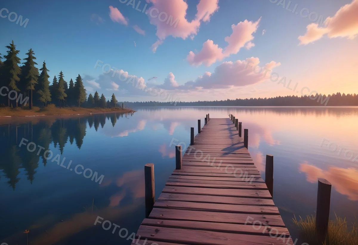 A Wooden Pier Stretches Out Into A Calm Lake The Sky Is A Mix Of Blue Orange And Pink Reflecting On The Water Trees Line The Shore In The Background 2 5b6a