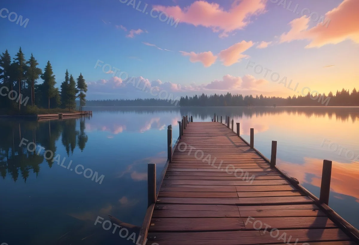 A Wooden Pier Stretches Out Into A Calm Lake The Sky Is A Mix Of Blue Orange And Pink Reflecting On The Water Trees Line The Shore In The Background 20 Fab4