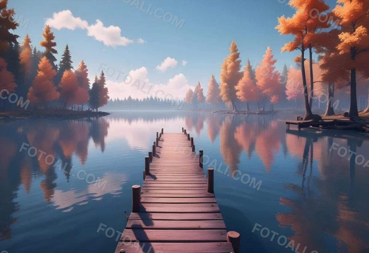 A Wooden Pier Stretches Out Into A Calm Lake The Sky Is A Mix Of Blue Orange And Pink Reflecting On The Water Trees Line The Shore In The Background 21 739f