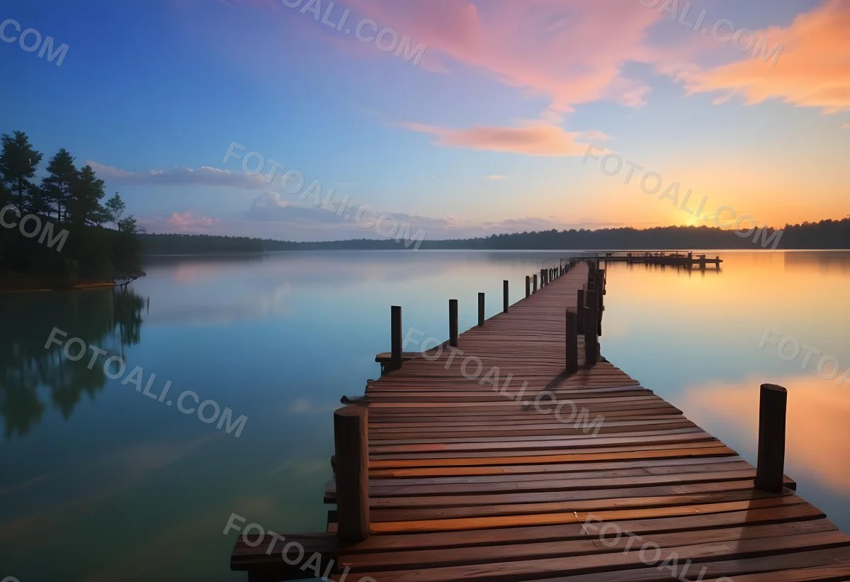 A Wooden Pier Stretches Out Into A Calm Lake The Sky Is A Mix Of Blue Orange And Pink Reflecting On The Water Trees Line The Shore In The Background 22 Ff56
