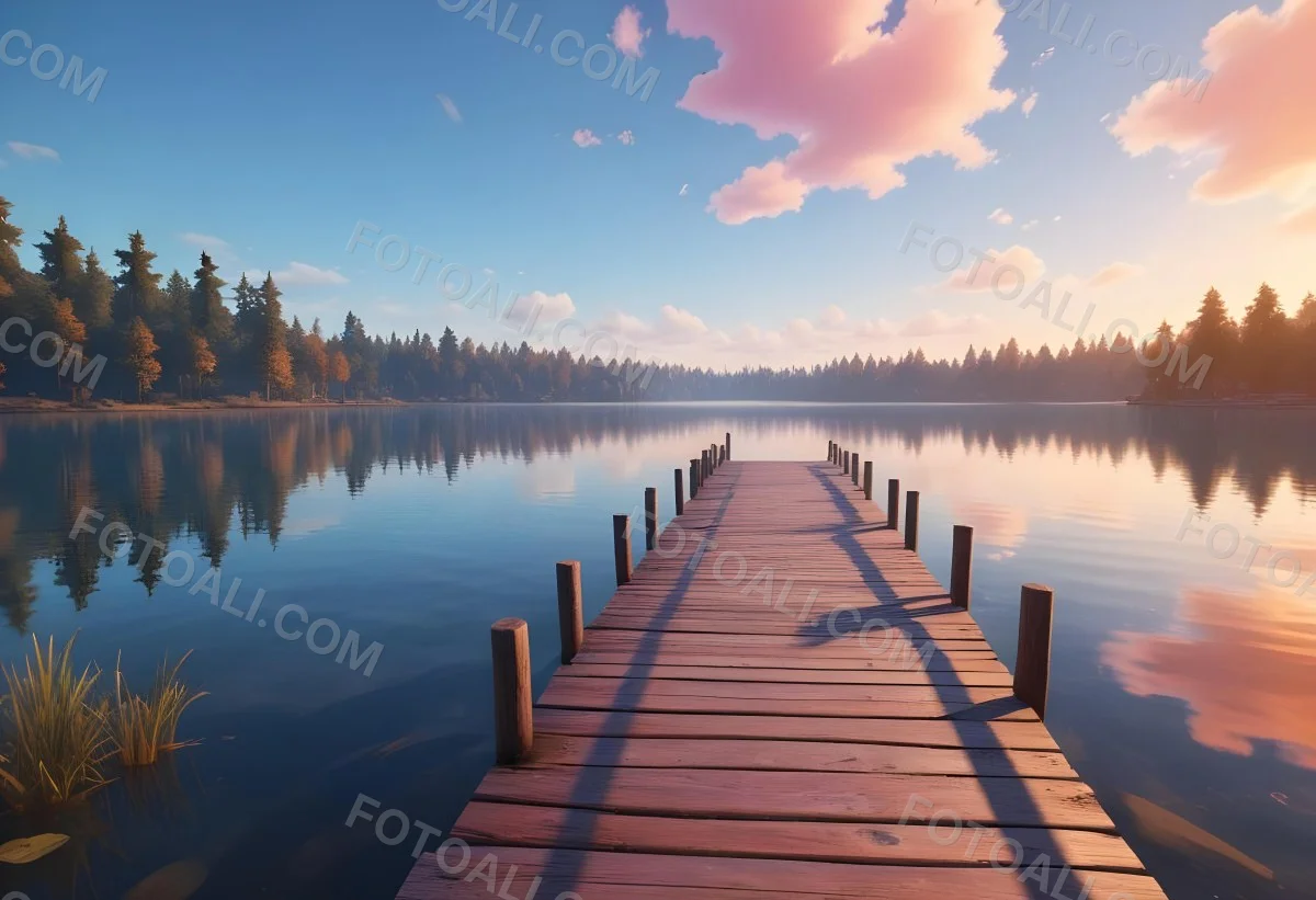 A Wooden Pier Stretches Out Into A Calm Lake The Sky Is A Mix Of Blue Orange And Pink Reflecting On The Water Trees Line The Shore In The Background 23 70c3