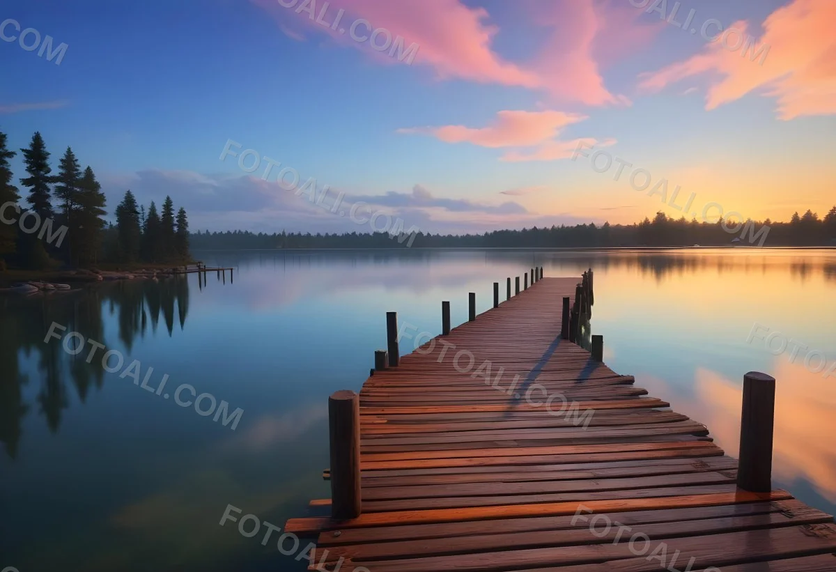 A Wooden Pier Stretches Out Into A Calm Lake The Sky Is A Mix Of Blue Orange And Pink Reflecting On The Water Trees Line The Shore In The Background 24 4693