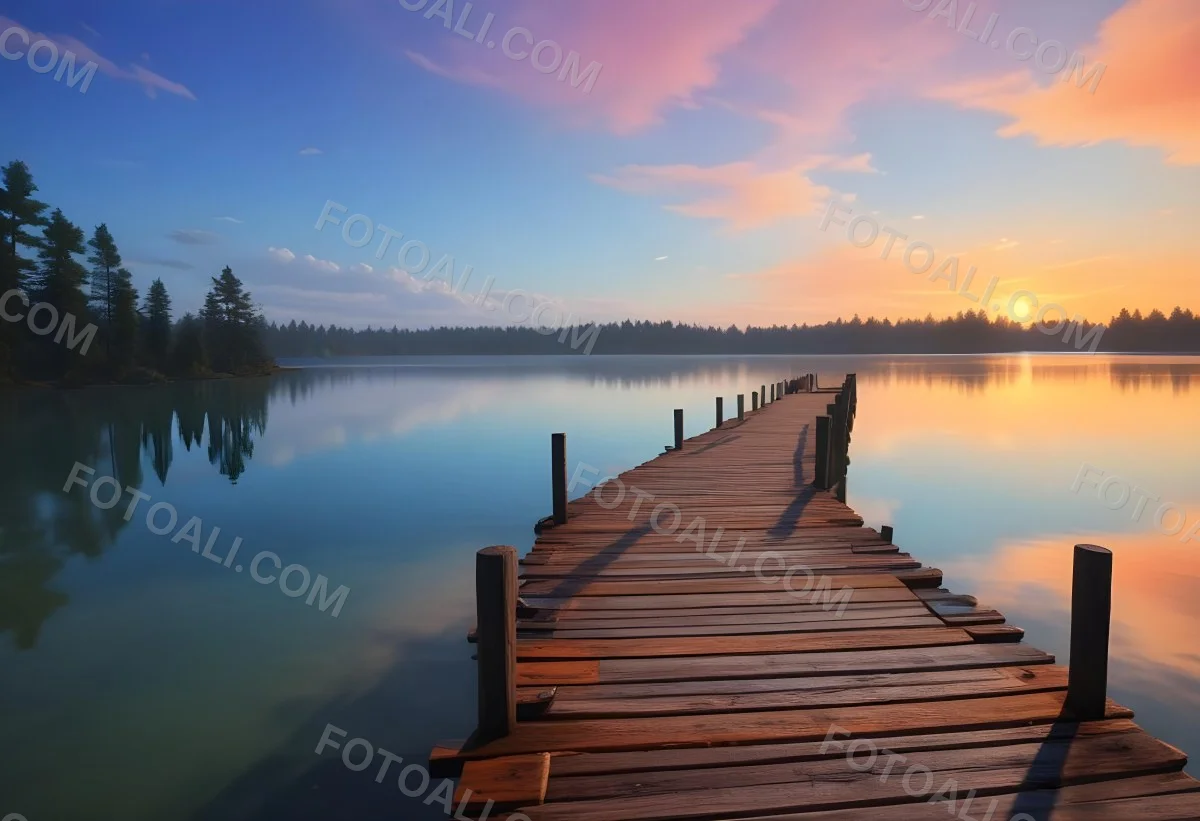 A Wooden Pier Stretches Out Into A Calm Lake The Sky Is A Mix Of Blue Orange And Pink Reflecting On The Water Trees Line The Shore In The Background 3 1a5a