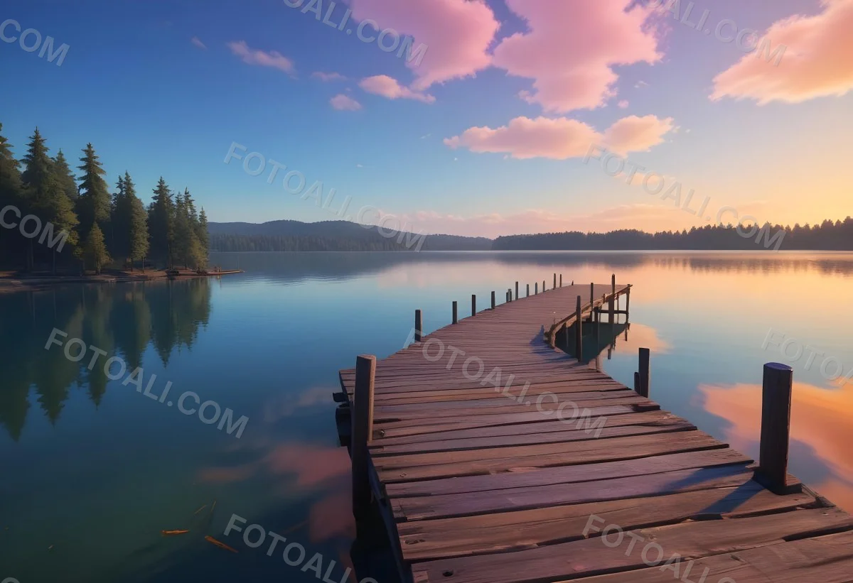 A Wooden Pier Stretches Out Into A Calm Lake The Sky Is A Mix Of Blue Orange And Pink Reflecting On The Water Trees Line The Shore In The Background 4 8165