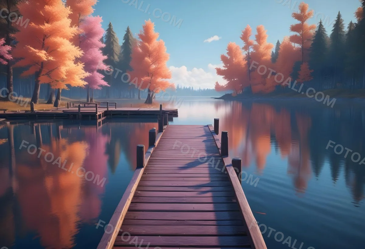 A Wooden Pier Stretches Out Into A Calm Lake The Sky Is A Mix Of Blue Orange And Pink Reflecting On The Water Trees Line The Shore In The Background 6 96cf