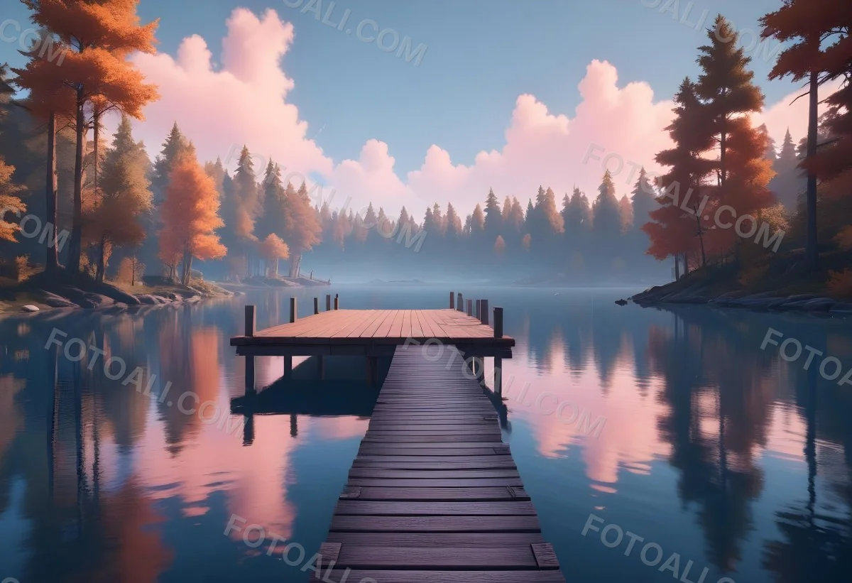 A Wooden Pier Stretches Out Into A Calm Lake The Sky Is A Mix Of Blue Orange And Pink Reflecting On The Water Trees Line The Shore In The Background 8 729d