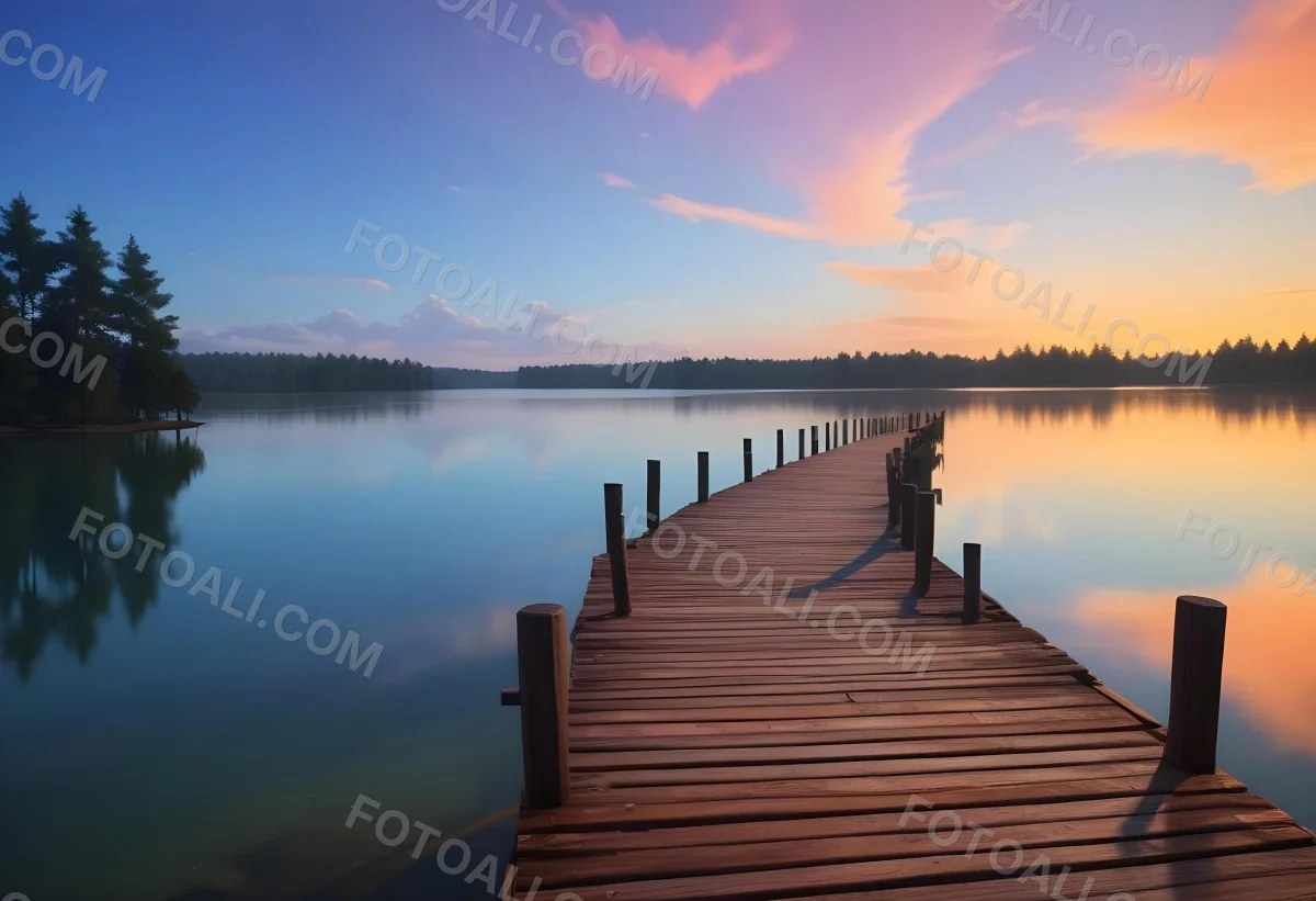 A Wooden Pier Stretches Out Into A Calm Lake The Sky Is A Mix Of Blue Orange And Pink Reflecting On The Water Trees Line The Shore In The Background 9 B631