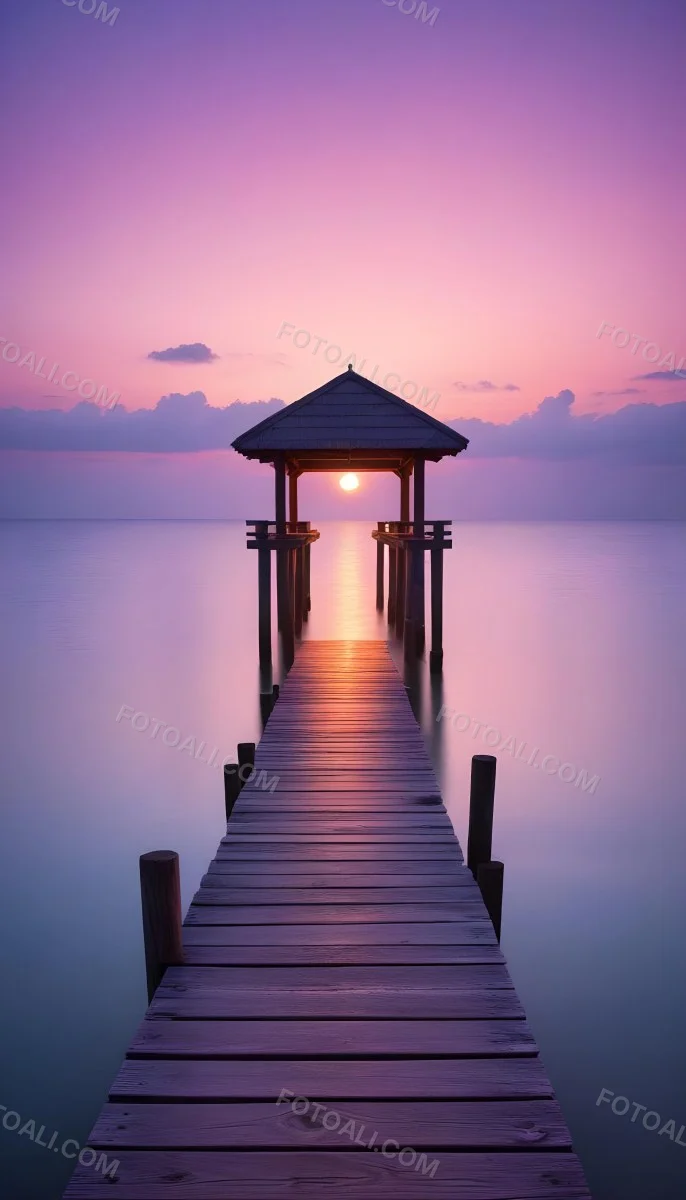 A Wooden Pier With A Roof Over The Ocean At Sunset The Sky Is A Mix Of Pink Purple And Orange The Water Is Calm And Blue 16 3149