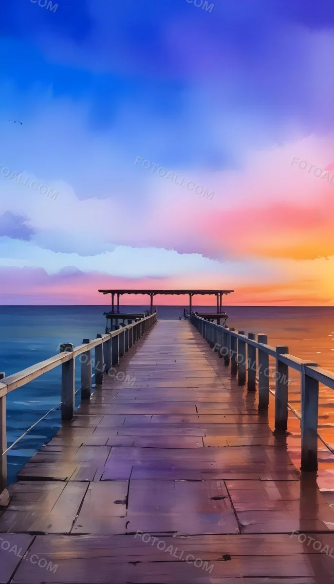 A Wooden Pier With A Roof Over The Ocean At Sunset The Sky Is A Mix Of Pink Purple And Orange The Water Is Calm And Blue 25 8740