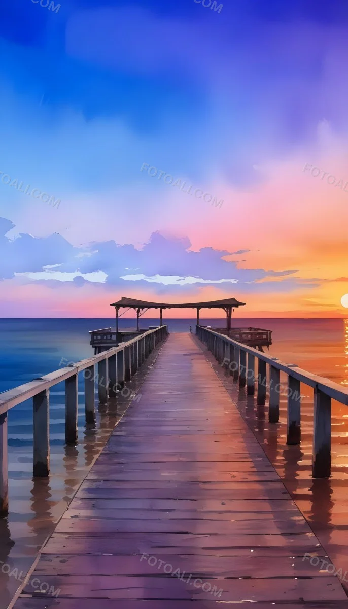 A Wooden Pier With A Roof Over The Ocean At Sunset The Sky Is A Mix Of Pink Purple And Orange The Water Is Calm And Blue 27 3229