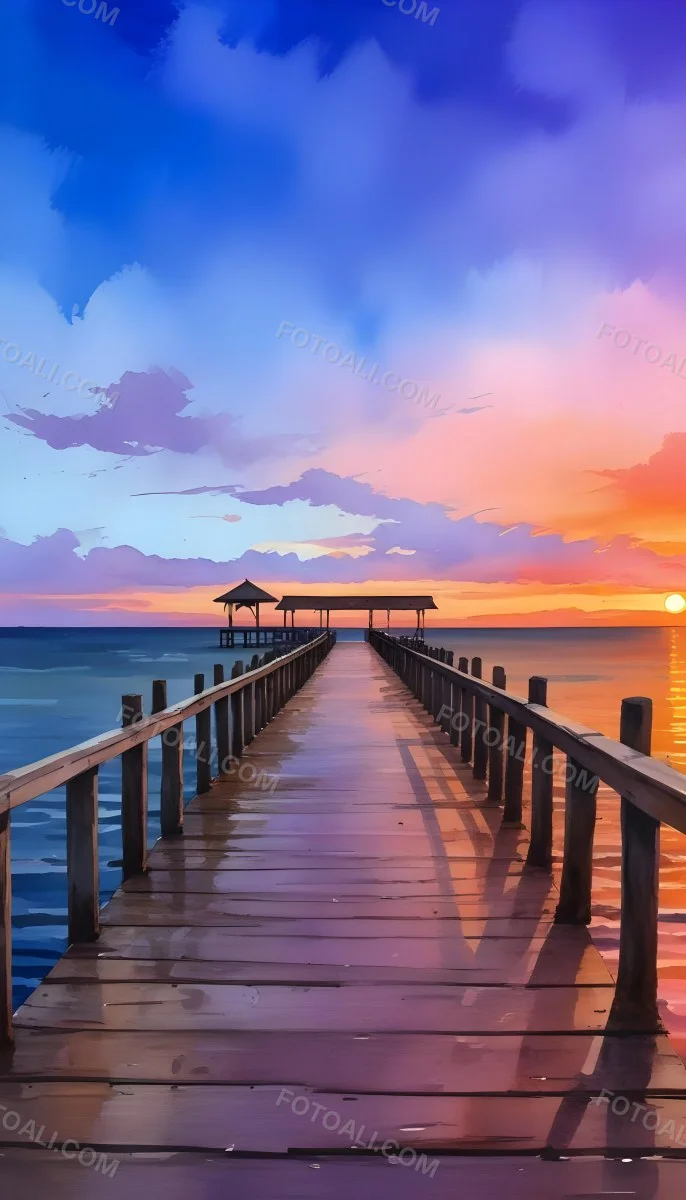 A Wooden Pier With A Roof Over The Ocean At Sunset The Sky Is A Mix Of Pink Purple And Orange The Water Is Calm And Blue 29 94bd