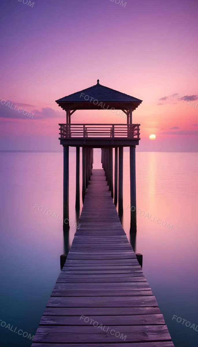 A Wooden Pier With A Roof Over The Ocean At Sunset The Sky Is A Mix Of Pink Purple And Orange The Water Is Calm And Blue 3 F76d