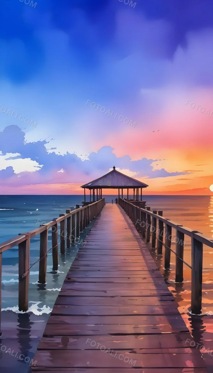 A Wooden Pier With A Roof Over The Ocean At Sunset The Sky Is A Mix Of Pink Purple And Orange The Water Is Calm And Blue 30 3f1a