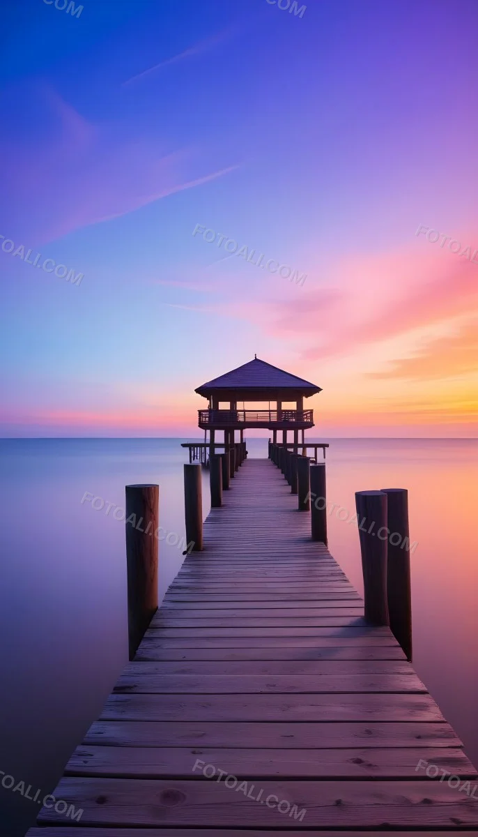 A Wooden Pier With A Roof Over The Ocean At Sunset The Sky Is A Mix Of Pink Purple And Orange The Water Is Calm And Blue 5 3e7d