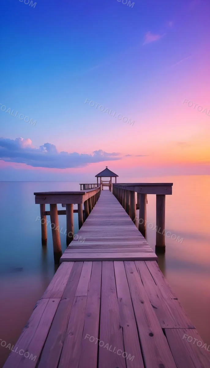 A Wooden Pier With A Roof Over The Ocean At Sunset The Sky Is A Mix Of Pink Purple And Orange The Water Is Calm And Blue 7 Bd74