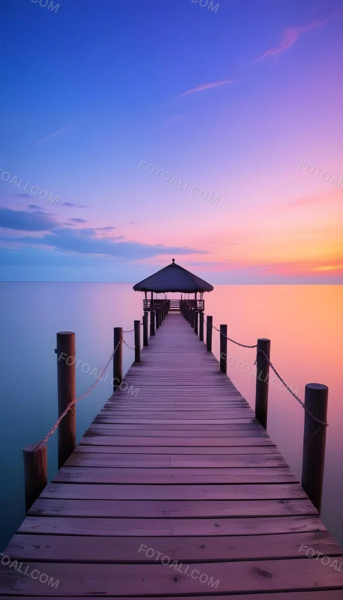 A Wooden Pier With A Roof Over The Ocean At Sunset The Sky Is A Mix Of Pink Purple And Orange The Water Is Calm And Blue 8 B0be