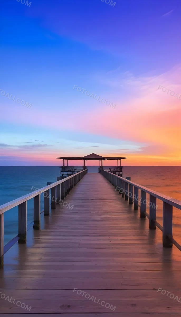 A Wooden Pier With A Roof Over The Ocean At Sunset The Sky Is A Mix Of Pink Purple And Orange The Water Is Calm And Blue 9 64c7
