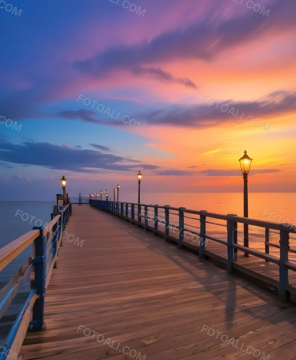 A Wooden Pier With Blue Railings And Lampposts Stretching Into The Ocean At Sunset The Sky Is A Mix Of Orange Pink And Blue 12 3321