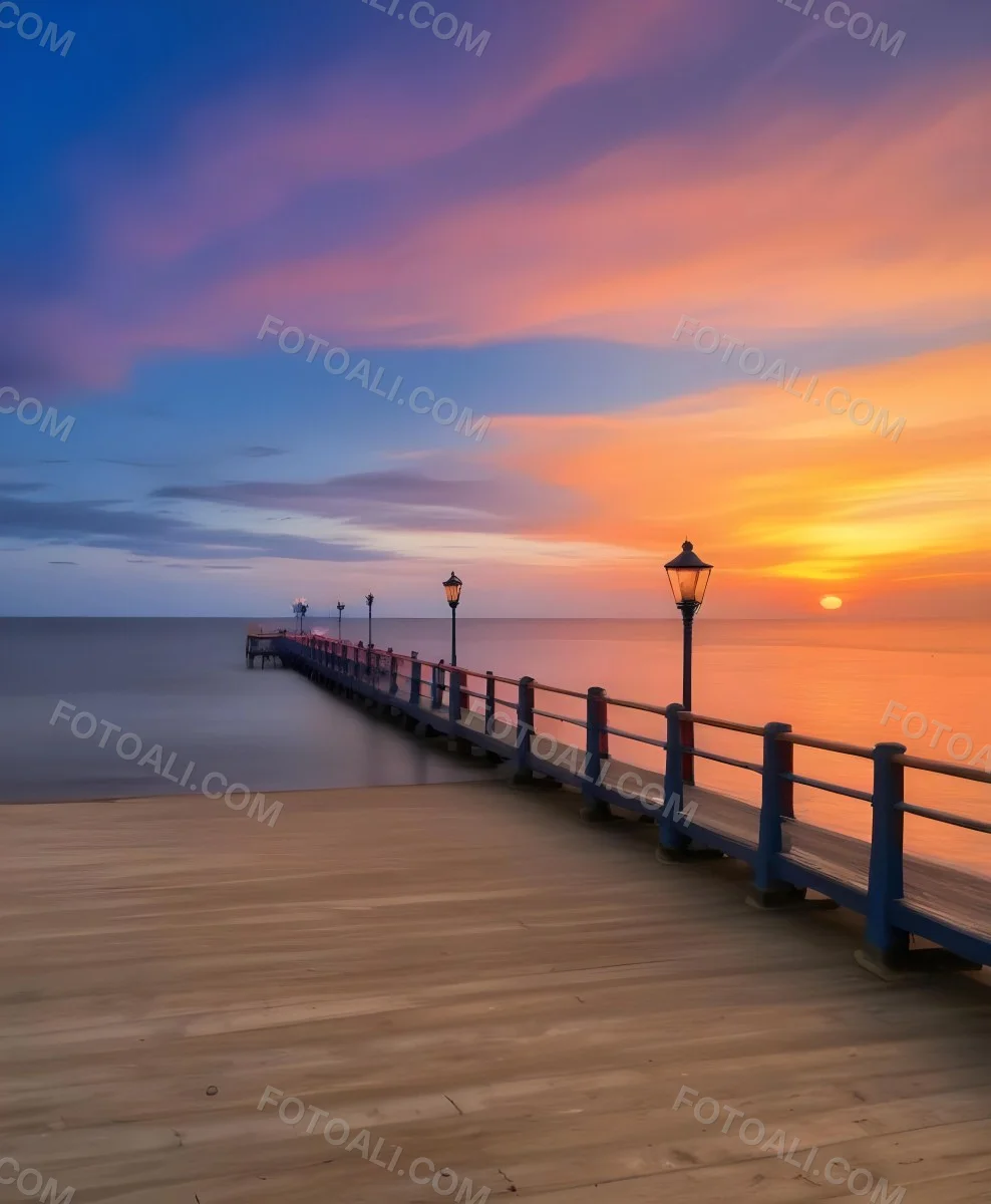 A Wooden Pier With Blue Railings And Lampposts Stretching Into The Ocean At Sunset The Sky Is A Mix Of Orange Pink And Blue 16 4a6d