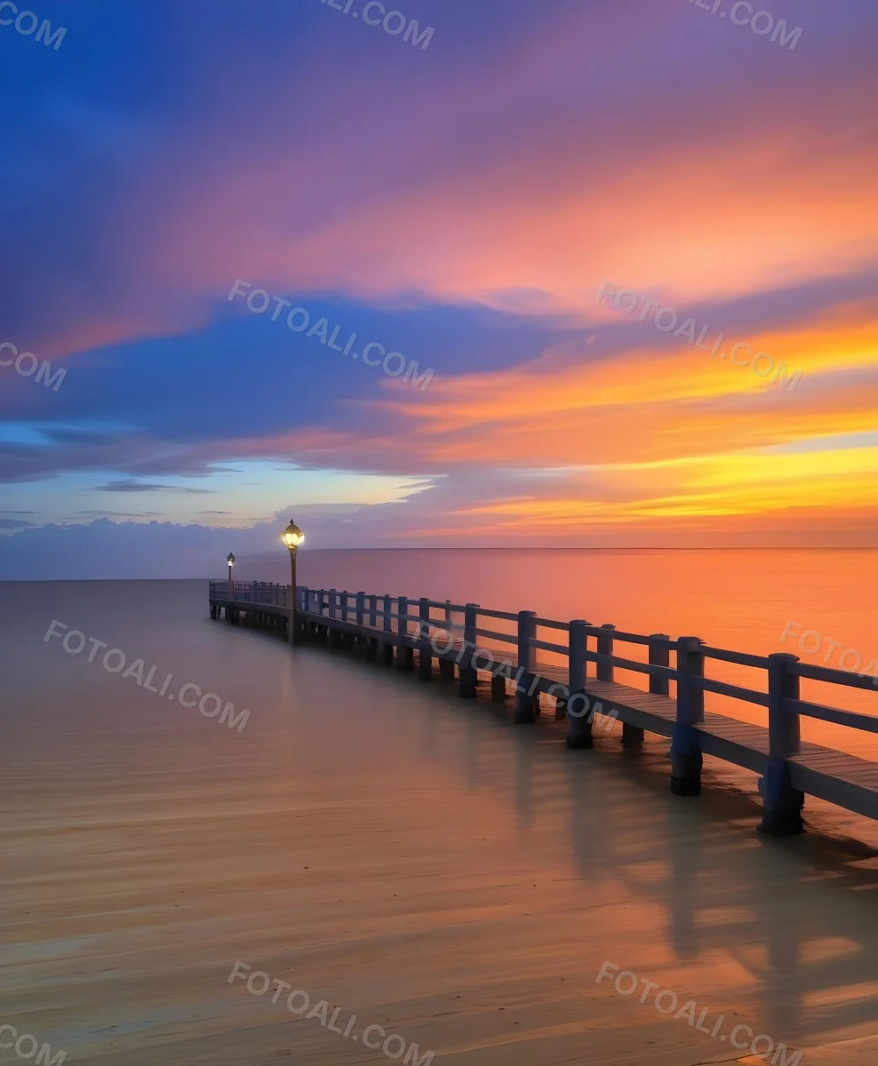 A Wooden Pier With Blue Railings And Lampposts Stretching Into The Ocean At Sunset The Sky Is A Mix Of Orange Pink And Blue 17 524d