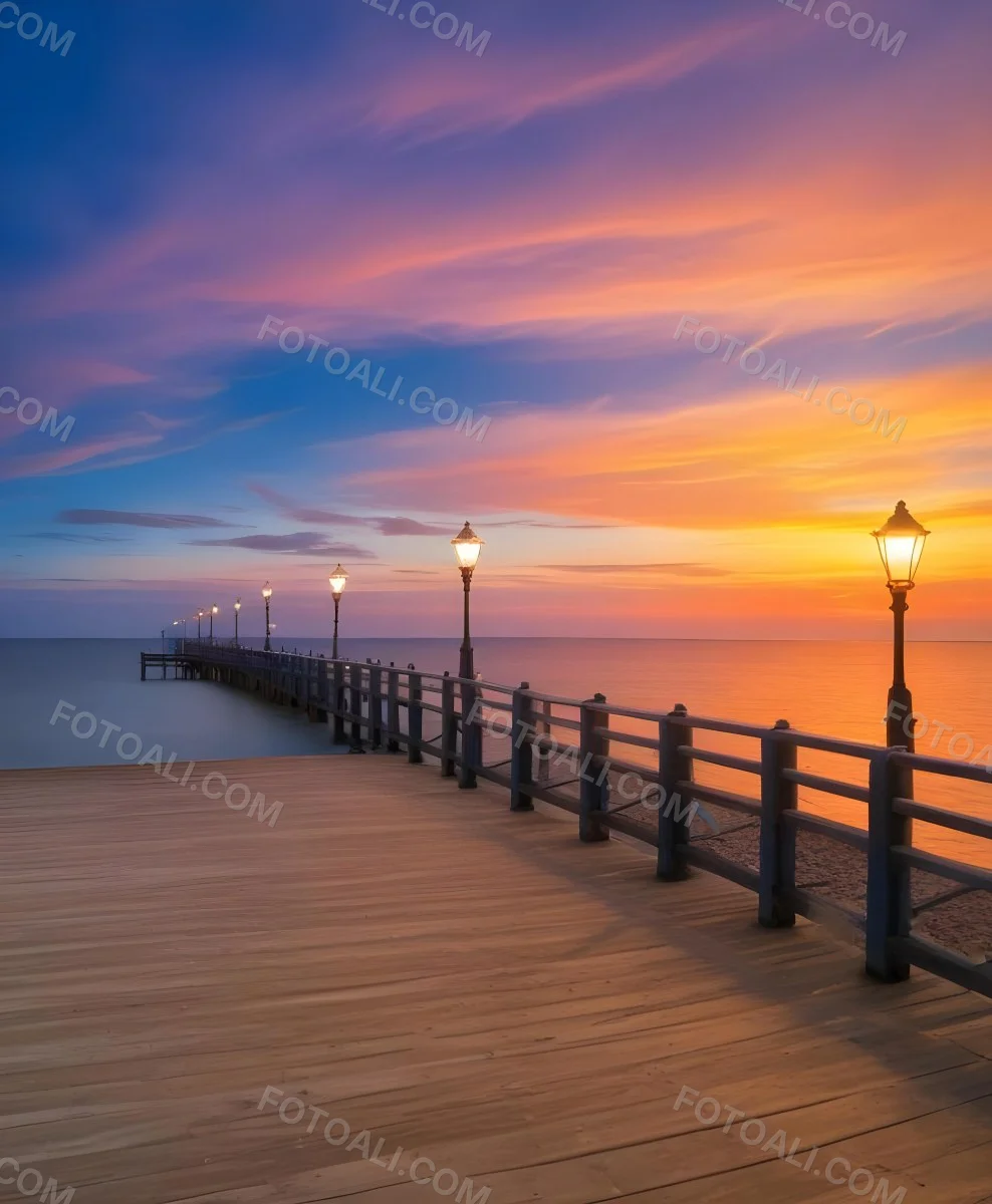A Wooden Pier With Blue Railings And Lampposts Stretching Into The Ocean At Sunset The Sky Is A Mix Of Orange Pink And Blue 21 0e2c