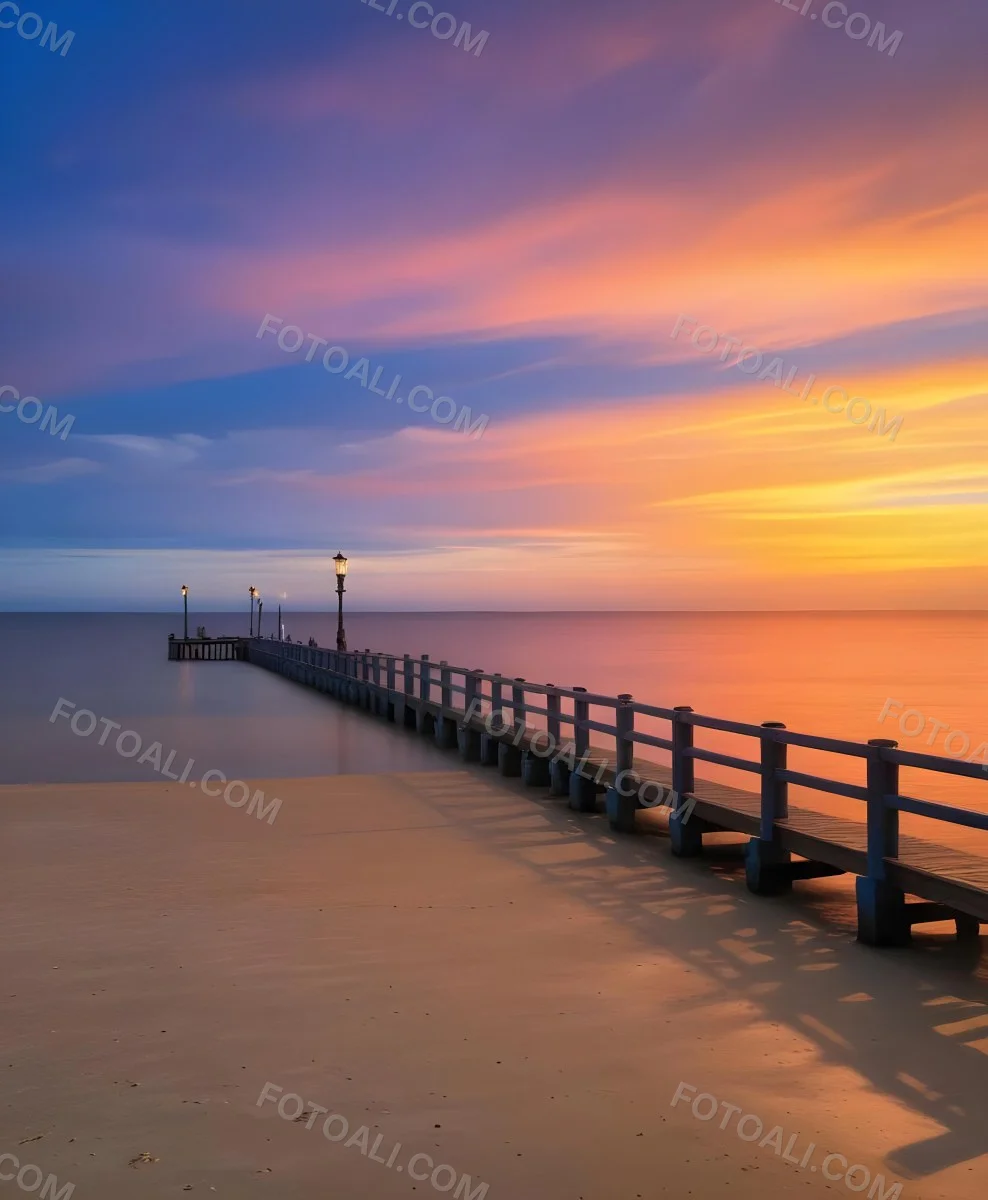 A Wooden Pier With Blue Railings And Lampposts Stretching Into The Ocean At Sunset The Sky Is A Mix Of Orange Pink And Blue 25 C086