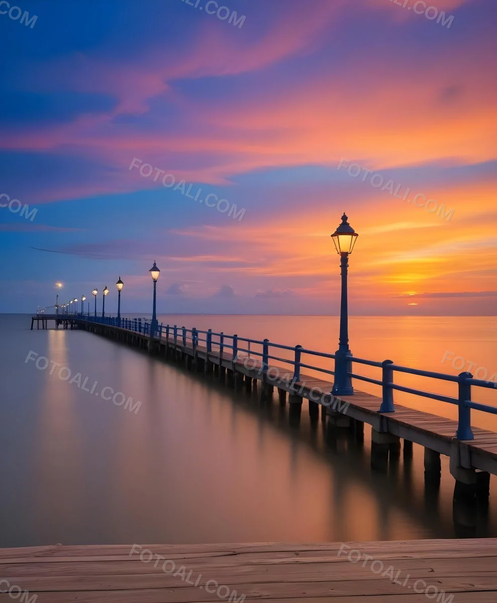 A Wooden Pier With Blue Railings And Lampposts Stretching Into The Ocean At Sunset The Sky Is A Mix Of Orange Pink And Blue 4 5412