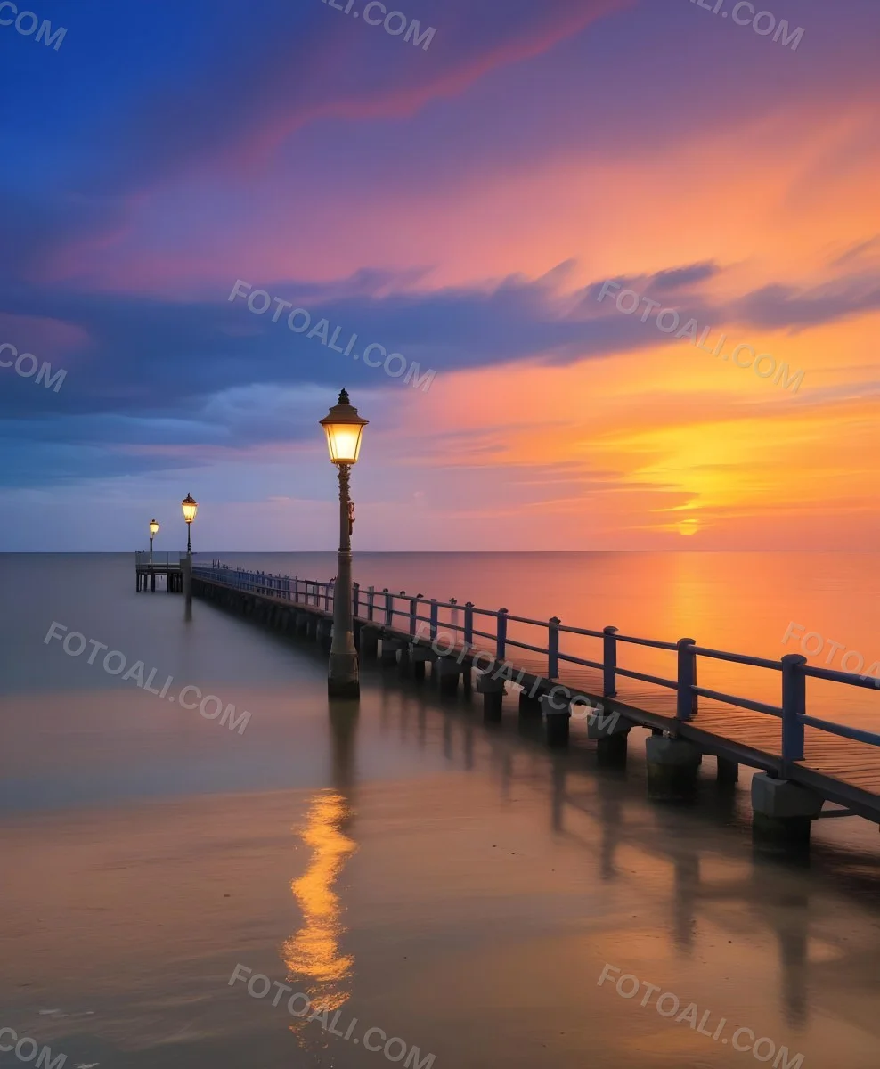 A Wooden Pier With Blue Railings And Lampposts Stretching Into The Ocean At Sunset The Sky Is A Mix Of Orange Pink And Blue 43 7c7f