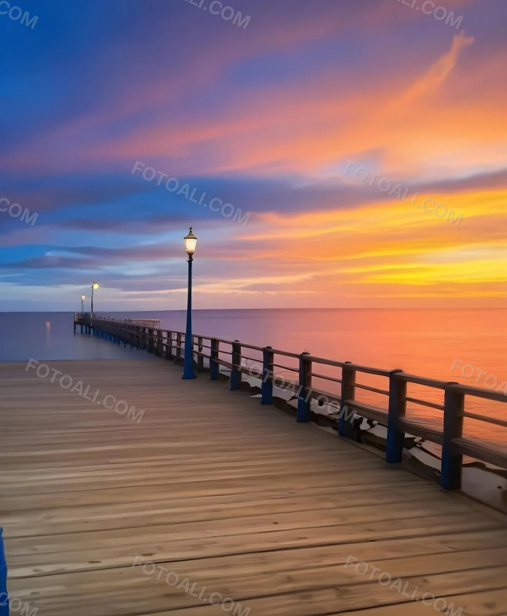 A Wooden Pier With Blue Railings And Lampposts Stretching Into The Ocean At Sunset The Sky Is A Mix Of Orange Pink And Blue 45 14c7