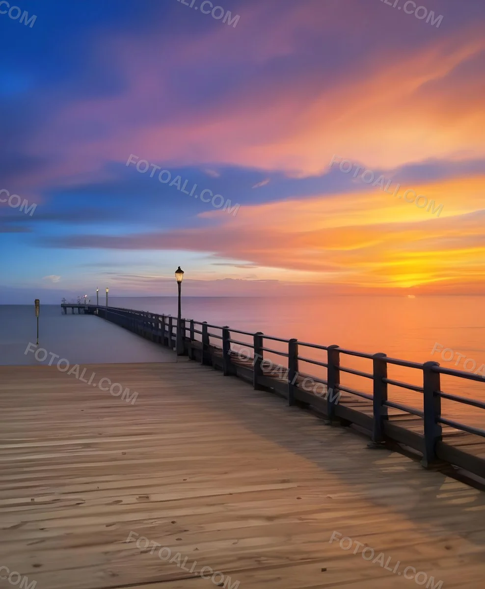 A Wooden Pier With Blue Railings And Lampposts Stretching Into The Ocean At Sunset The Sky Is A Mix Of Orange Pink And Blue 46 04ac