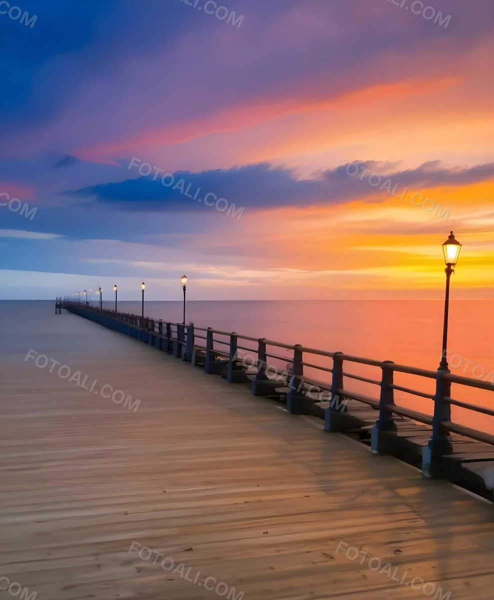 A Wooden Pier With Blue Railings And Lampposts Stretching Into The Ocean At Sunset The Sky Is A Mix Of Orange Pink And Blue 47 C1f4
