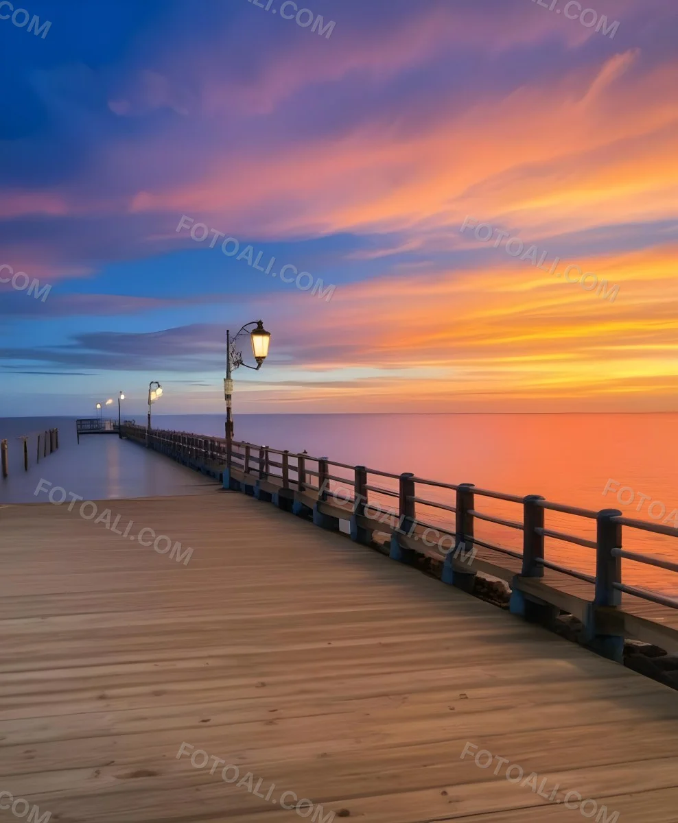 A Wooden Pier With Blue Railings And Lampposts Stretching Into The Ocean At Sunset The Sky Is A Mix Of Orange Pink And Blue 48 C7e8