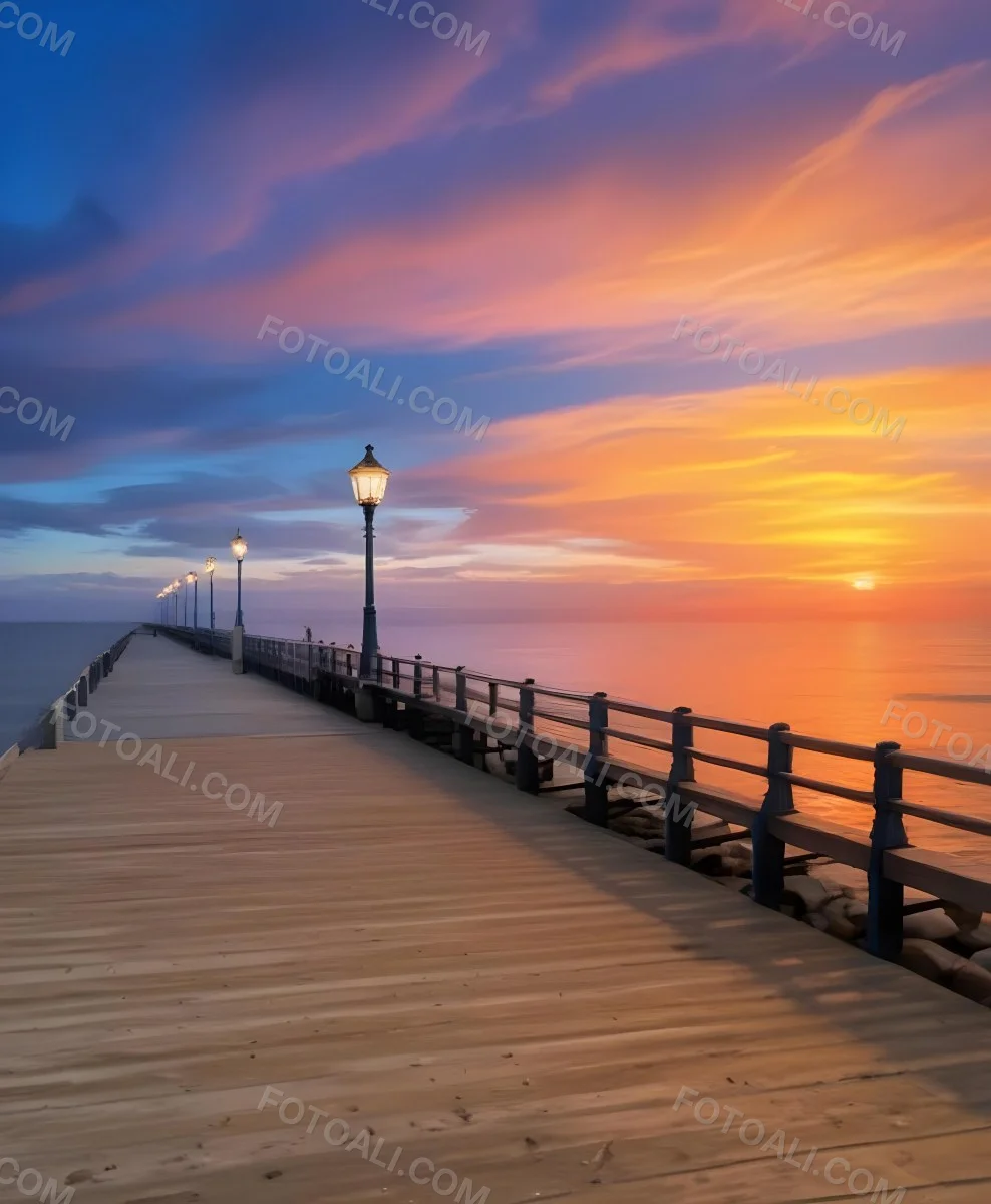 A Wooden Pier With Blue Railings And Lampposts Stretching Into The Ocean At Sunset The Sky Is A Mix Of Orange Pink And Blue 49 1f10