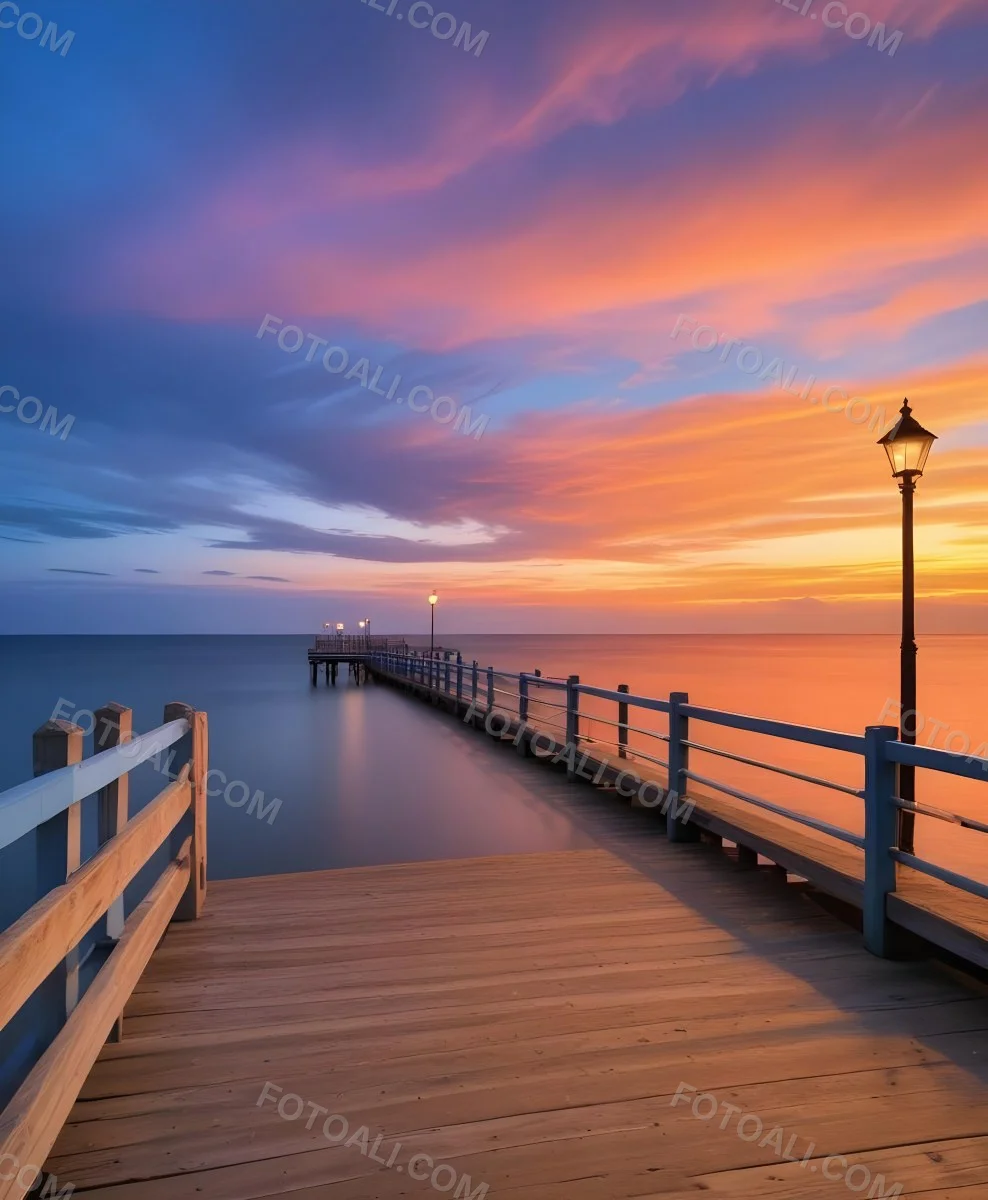 A Wooden Pier With Blue Railings And Lampposts Stretching Into The Ocean At Sunset The Sky Is A Mix Of Orange Pink And Blue 5 3078