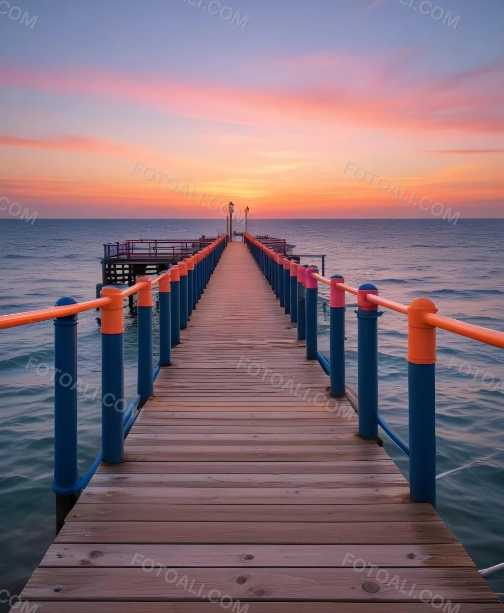 A Wooden Pier With Blue Railings And Lampposts Stretching Into The Ocean At Sunset The Sky Is A Mix Of Orange Pink And Blue 50 F7d5