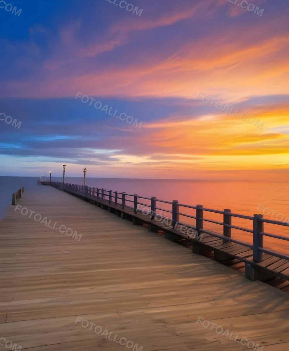A Wooden Pier With Blue Railings And Lampposts Stretching Into The Ocean At Sunset The Sky Is A Mix Of Orange Pink And Blue 51 4acd