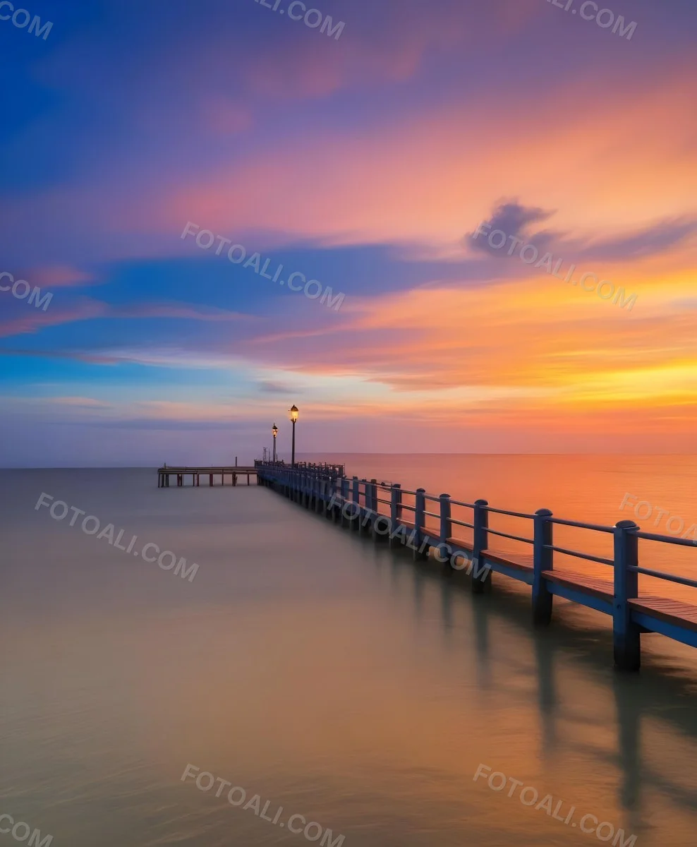 A Wooden Pier With Blue Railings And Lampposts Stretching Into The Ocean At Sunset The Sky Is A Mix Of Orange Pink And Blue 52 3797