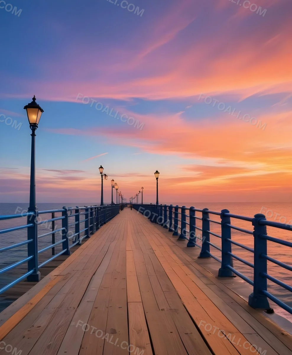 A Wooden Pier With Blue Railings And Lampposts Stretching Into The Ocean At Sunset The Sky Is A Mix Of Orange Pink And Blue 6 6a5e